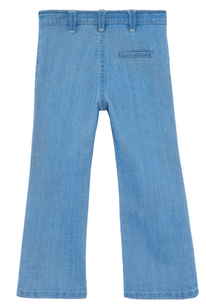 Tartine et Chocolat Girls' Blue Flared Embroidery Jeans feature belt loops, a right back pocket, and chic floral embroidery, shown flat with the back up.