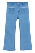 Tartine et Chocolat Girls' Blue Flared Embrodery Jeans feature floral embroidery, two front patch pockets, a button closure, belt loops, and a flared leg design.