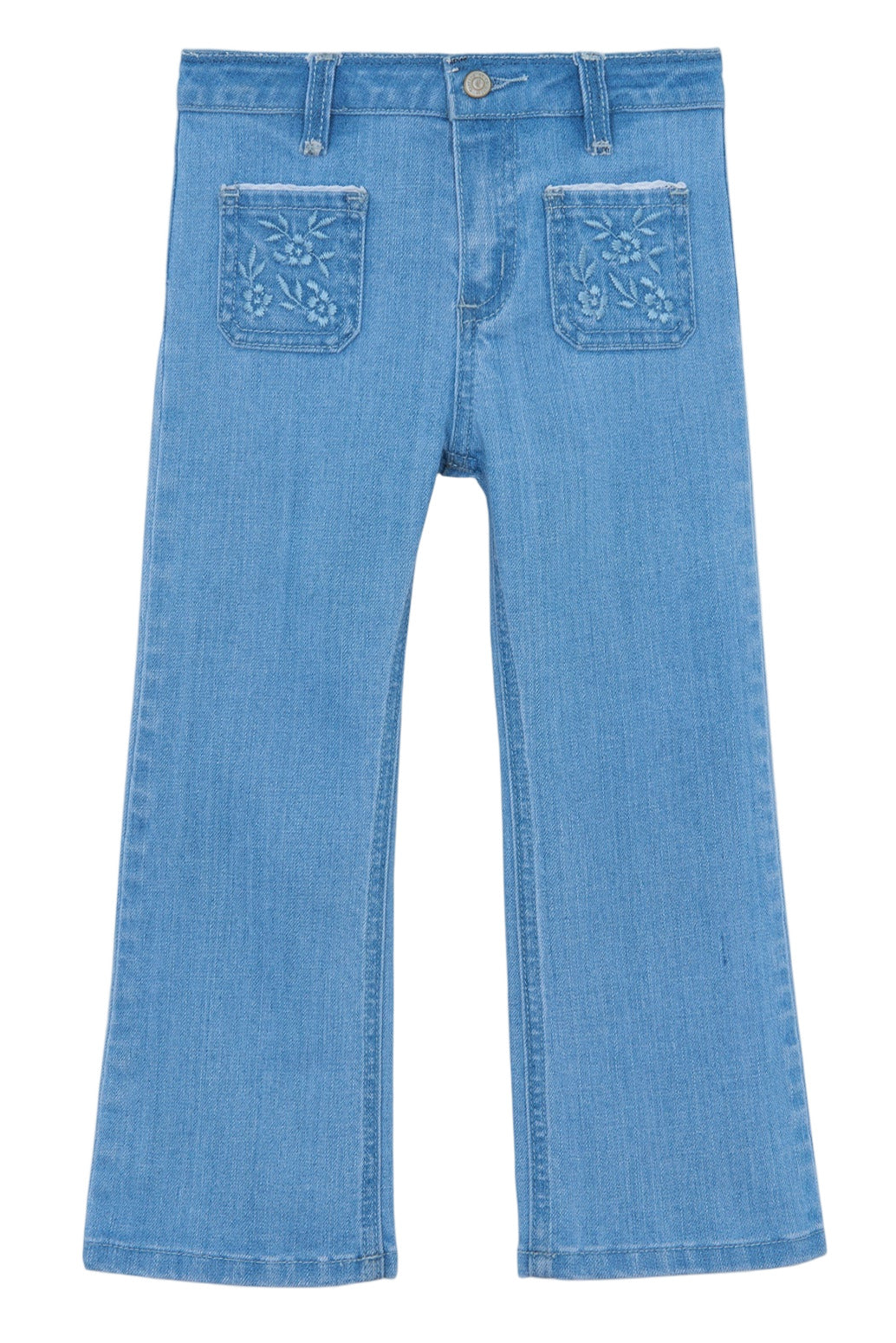 Tartine et Chocolat Girls' Blue Flared Embrodery Jeans feature floral embroidery, two front patch pockets, a button closure, belt loops, and a flared leg design.