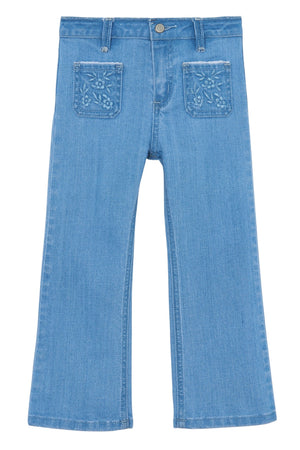 Tartine et Chocolat Girls' Blue Flared Embrodery Jeans feature floral embroidery, two front patch pockets, a button closure, belt loops, and a flared leg design.