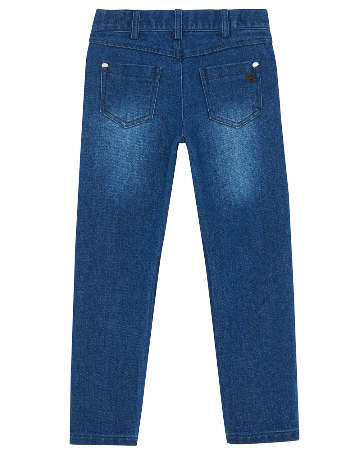 Back view of Tartine et Chocolat Baby Boys' and Boys' Cotton Jeans in marine navy blue with two rear pockets and belt loops, ideal for everyday wear, displayed against a white background.