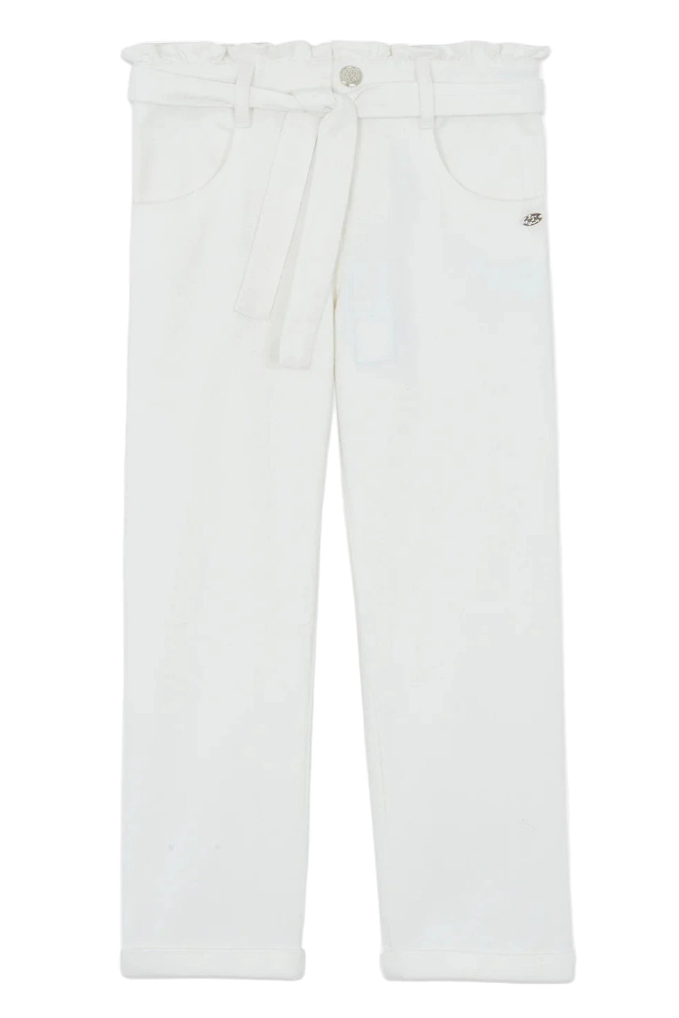 Tartine et Chocolat Girls' Drawstring Bow Trousers in ivory, featuring a high-waisted paperbag ruffled waistband, front pockets, straight legs, and a stylish tie-up belt, shown on a plain background.