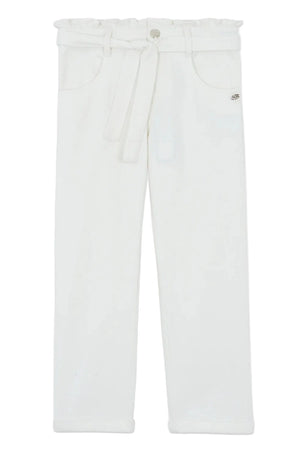 Tartine et Chocolat Girls' Drawstring Bow Trousers in ivory, featuring a high-waisted paperbag ruffled waistband, front pockets, straight legs, and a stylish tie-up belt, shown on a plain background.