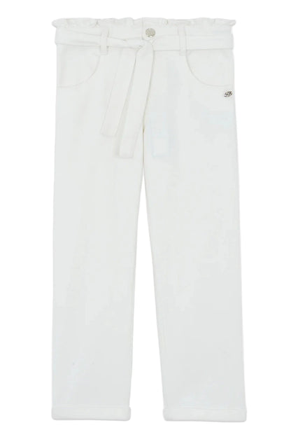 Tartine et Chocolat Girls' Drawstring Bow Trousers in ivory, featuring a high-waisted paperbag ruffled waistband, front pockets, straight legs, and a stylish tie-up belt, shown on a plain background.