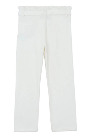 Tartine et Chocolat Girls' Drawstring Bow Trousers in ivory, with straight legs, belt loops, a tie-up bow, and a ruffled waistband displayed flat on a plain background.