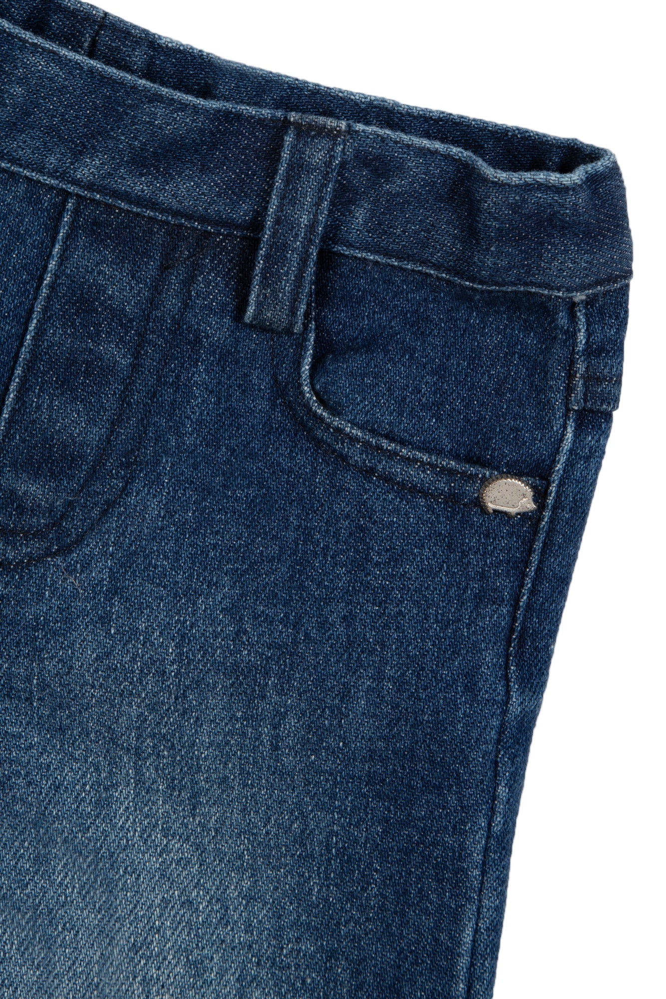 Close-up of Tartine et Chocolat Baby Boys' and Boys' Cotton Jeans in marine navy, highlighting the waistband, belt loop, front pocket, and rivet—perfect for everyday wear.