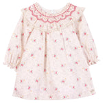 The Tartine et Chocolat Baby Girls' Ruffle Collar Embrodery Floral Dress features a floral pattern, hand-embroidered pink flowers, ruffled hem, and pink and red smocking on the yoke.