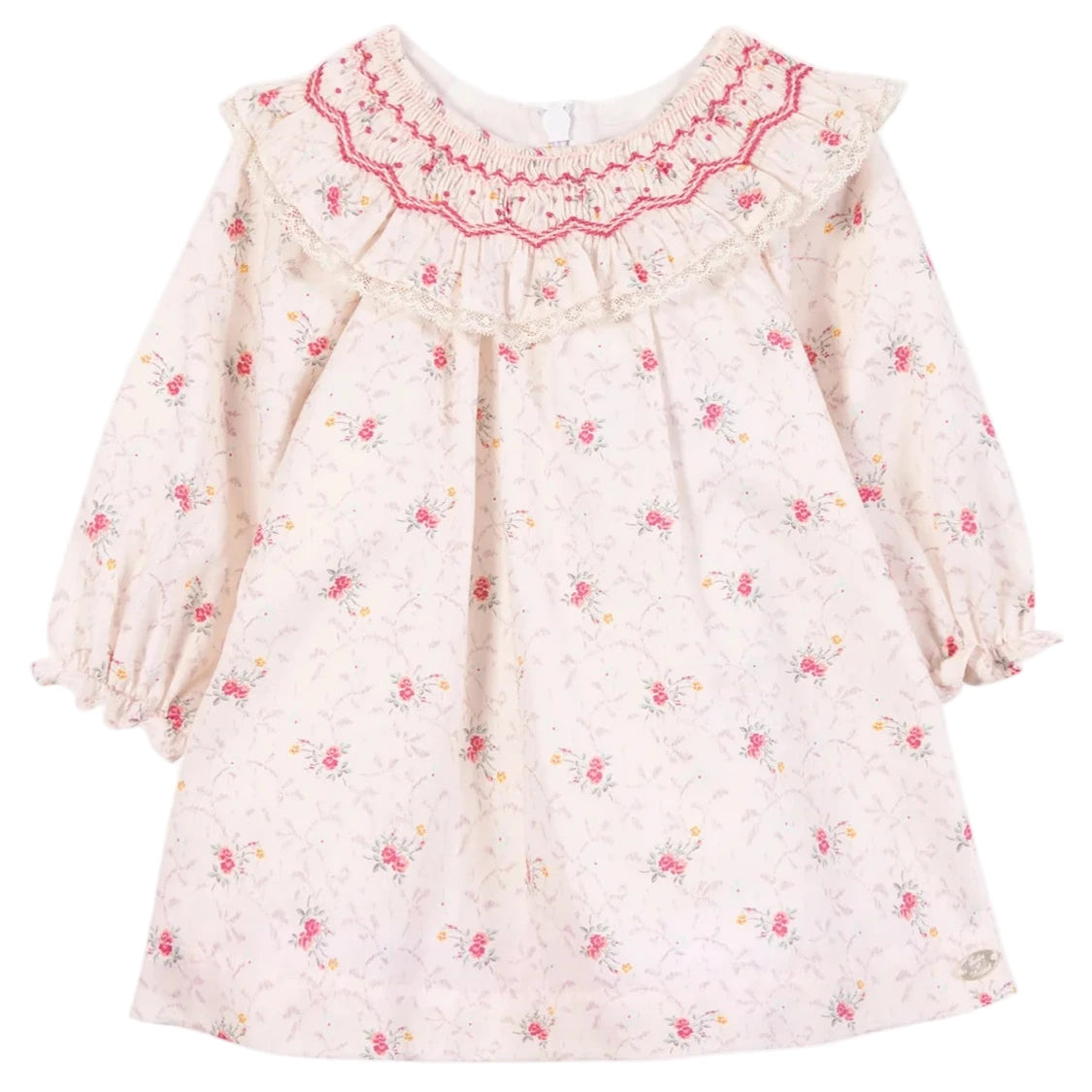 The Tartine et Chocolat Baby Girls' Ruffle Collar Embrodery Floral Dress features a floral pattern, hand-embroidered pink flowers, ruffled hem, and pink and red smocking on the yoke.