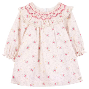The Tartine et Chocolat Baby Girls' Ruffle Collar Embrodery Floral Dress features a floral pattern, hand-embroidered pink flowers, ruffled hem, and pink and red smocking on the yoke.
