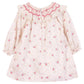 The Tartine et Chocolat Baby Girls' Ruffle Collar Embrodery Floral Dress features long sleeves, a smocked ruffle collar, hand-embroidered pink flowers, a floral print, and a back button closure for newborn girls.