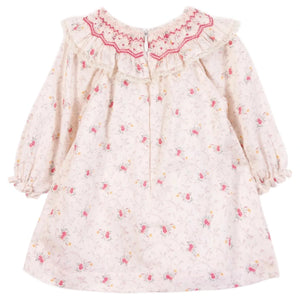 The Tartine et Chocolat Baby Girls' Ruffle Collar Embrodery Floral Dress features long sleeves, a smocked ruffle collar, hand-embroidered pink flowers, a floral print, and a back button closure for newborn girls.