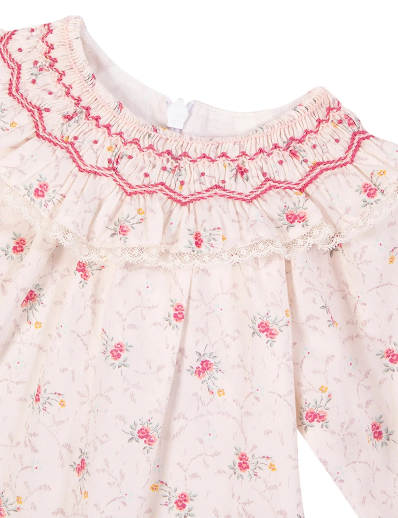 The Tartine et Chocolat Baby Girls' Ruffle Collar Embroidery Floral Dress features light pink fabric, a smocked ruffle collar, hand-embroidered pink flowers, red embroidery accents, and delicate lace trim.