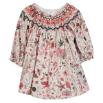 Tartine et Chocolat's Baby Girls' and Girls' Smocked Collar Floral Dress features a charming floral and mushroom print on soft Liberty fabric, with a multicolored smocked neckline for added style.