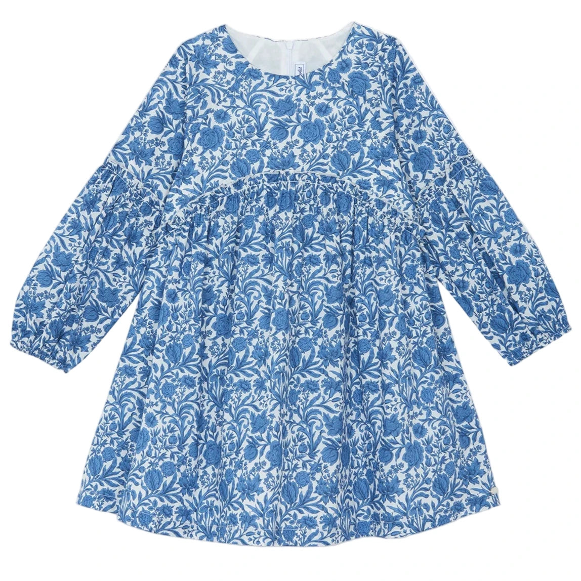 The Girls' Liberty Printed Dress by Tartine et Chocolat is a charming blue and white floral chambray dress for girls, featuring long sleeves, a round neckline, knee-length cut, and a slightly gathered waist.