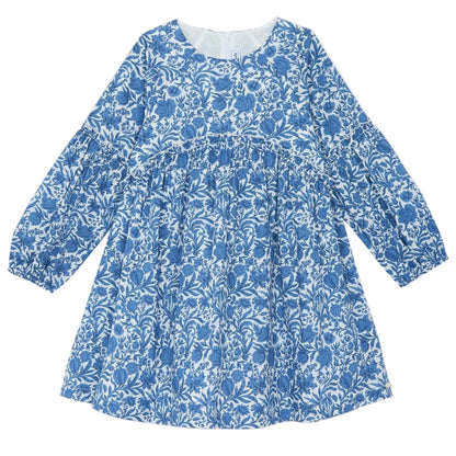 The Girls' Liberty Printed Dress by Tartine et Chocolat is a charming blue and white floral chambray dress for girls, featuring long sleeves, a round neckline, knee-length cut, and a slightly gathered waist.