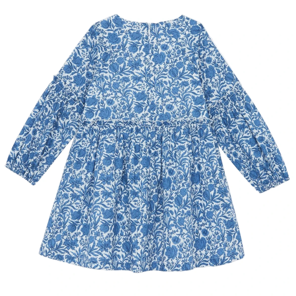 The Tartine et Chocolat Girls' Liberty Printed Dress features a blue and white floral chambray design, fitted waist, flared skirt, gathered long sleeves, and knee-length charm—perfect for girls.