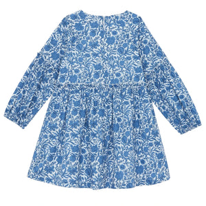 The Tartine et Chocolat Girls' Liberty Printed Dress features a blue and white floral chambray design, fitted waist, flared skirt, gathered long sleeves, and knee-length charm—perfect for girls.