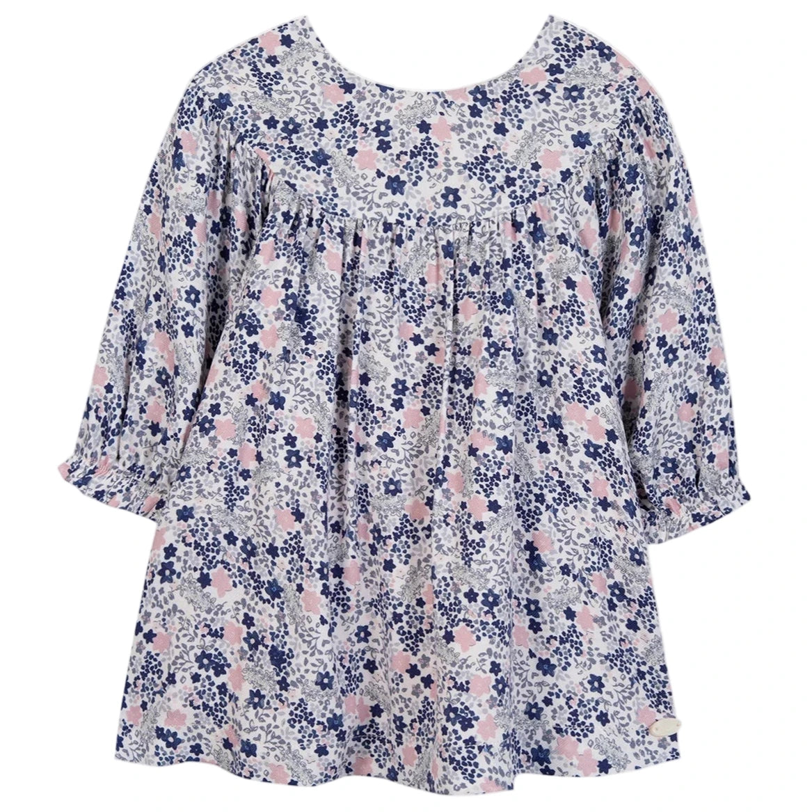 The Tartine et Chocolat Baby Girls' and Girls' Small Flower Blueberry Printed Dress features a loose fit, long sleeves, and a round neckline with blue floral prints—perfect for your little girl.