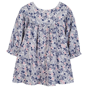 The Tartine et Chocolat Baby Girls' and Girls' Small Flower Blueberry Printed Dress features a loose fit, long sleeves, and a round neckline with blue floral prints—perfect for your little girl.