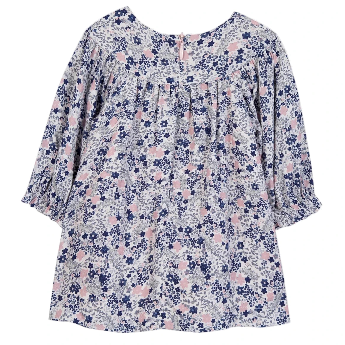 The Tartine et Chocolat Baby Girls' and Girls' Small Flower Blueberry Printed Dress features a charming blue floral print with pink and white accents.