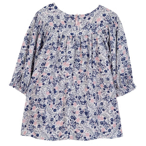 The Tartine et Chocolat Baby Girls' and Girls' Small Flower Blueberry Printed Dress features a charming blue floral print with pink and white accents.