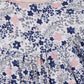 Close-up of Tartine et Chocolat's Baby Girls' and Girls' Small Flower Blueberry Printed Dress, showing gathered fabric at the neckline with blue floral print and pink-grey accents.