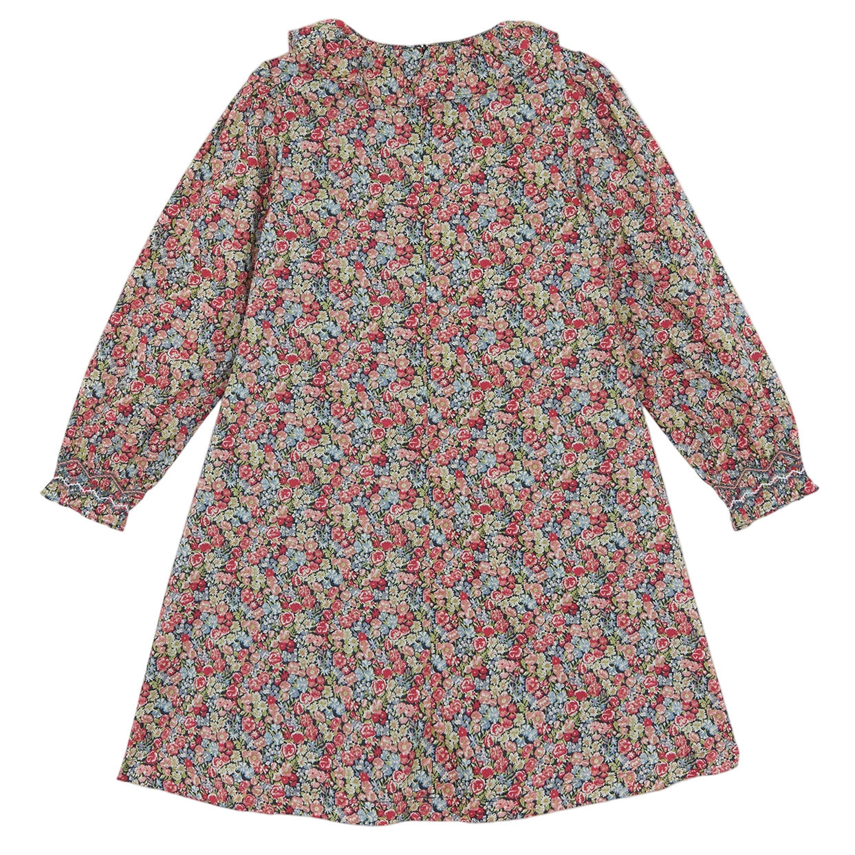 The Tartine et Chocolat Girls' Liberty Smocked Ruffle Sleeved Floral Dress features a knee-length, long-sleeve multicolored floral print and charming ruffled collar, displayed laid flat.