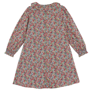 The Tartine et Chocolat Girls' Liberty Smocked Ruffle Sleeved Floral Dress features a knee-length, long-sleeve multicolored floral print and charming ruffled collar, displayed laid flat.