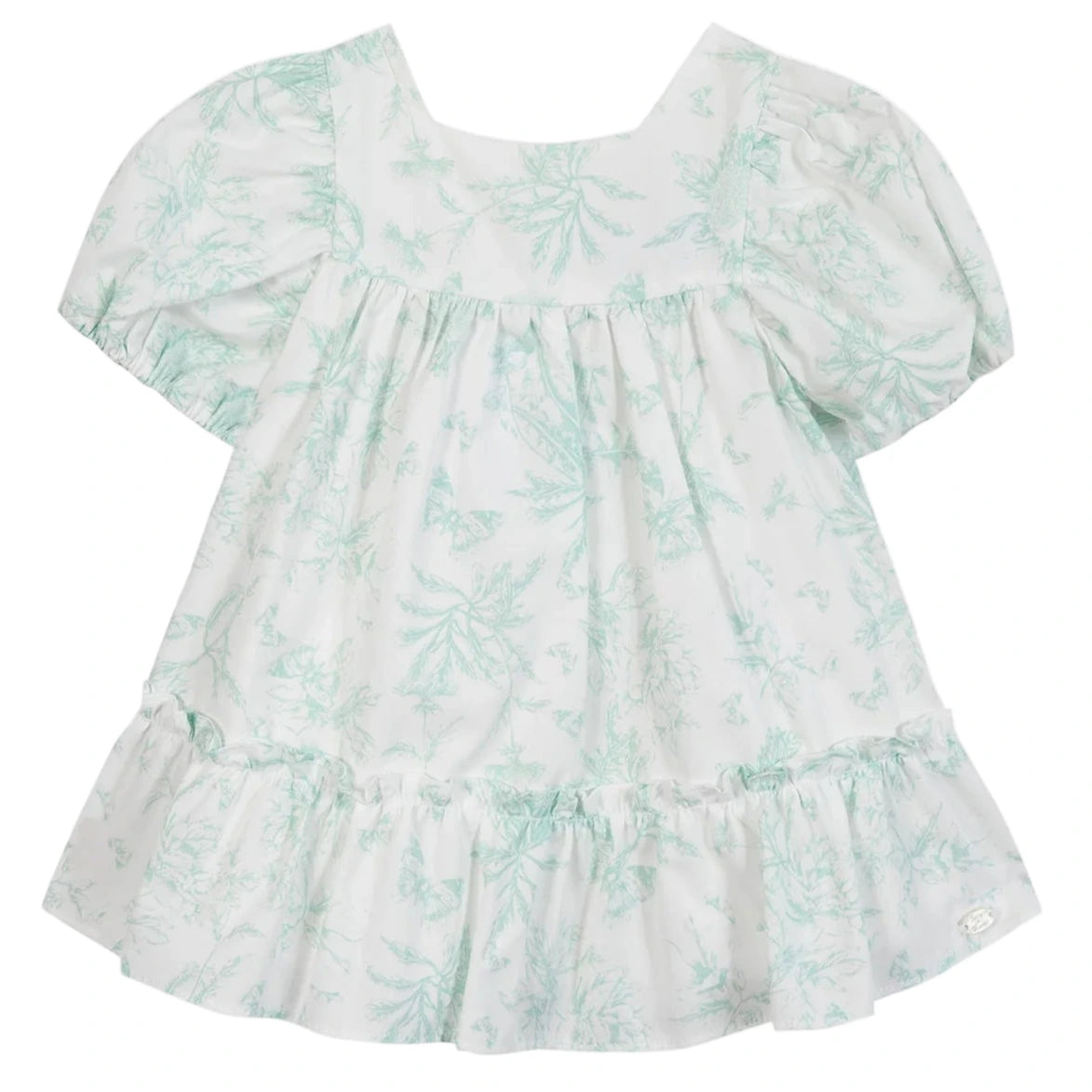The Tartine et Chocolat Baby Girls' and Girls' Puff Sleeve Dress features a light green floral print, ruffled hem, gathered waist, and square neckline for an elegant look.