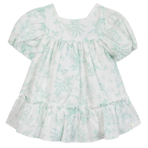 The Tartine et Chocolat Baby Girls' and Girls' Puff Sleeve Dress features a light green floral print, ruffled hem, gathered waist, and square neckline for an elegant look.