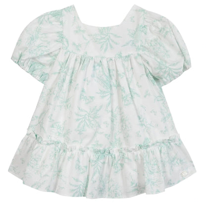 The Tartine et Chocolat Baby Girls' and Girls' Puff Sleeve Dress features a light green floral print, ruffled hem, gathered waist, and square neckline for an elegant look.