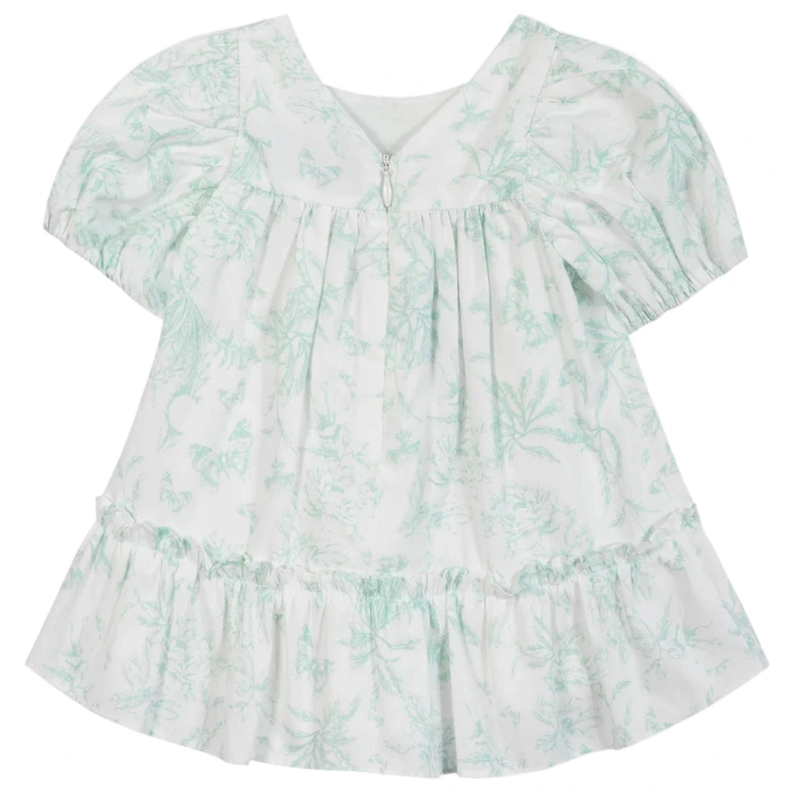The Tartine et Chocolat Baby Girls' and Girls' Puff Sleeve Dress features a white design with light green floral print, ruffled hem, gathered shoulders, and a back zipper for an elegant look.