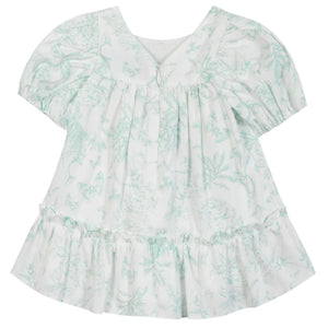 The Tartine et Chocolat Baby Girls' and Girls' Puff Sleeve Dress features a white design with light green floral print, ruffled hem, gathered shoulders, and a back zipper for an elegant look.