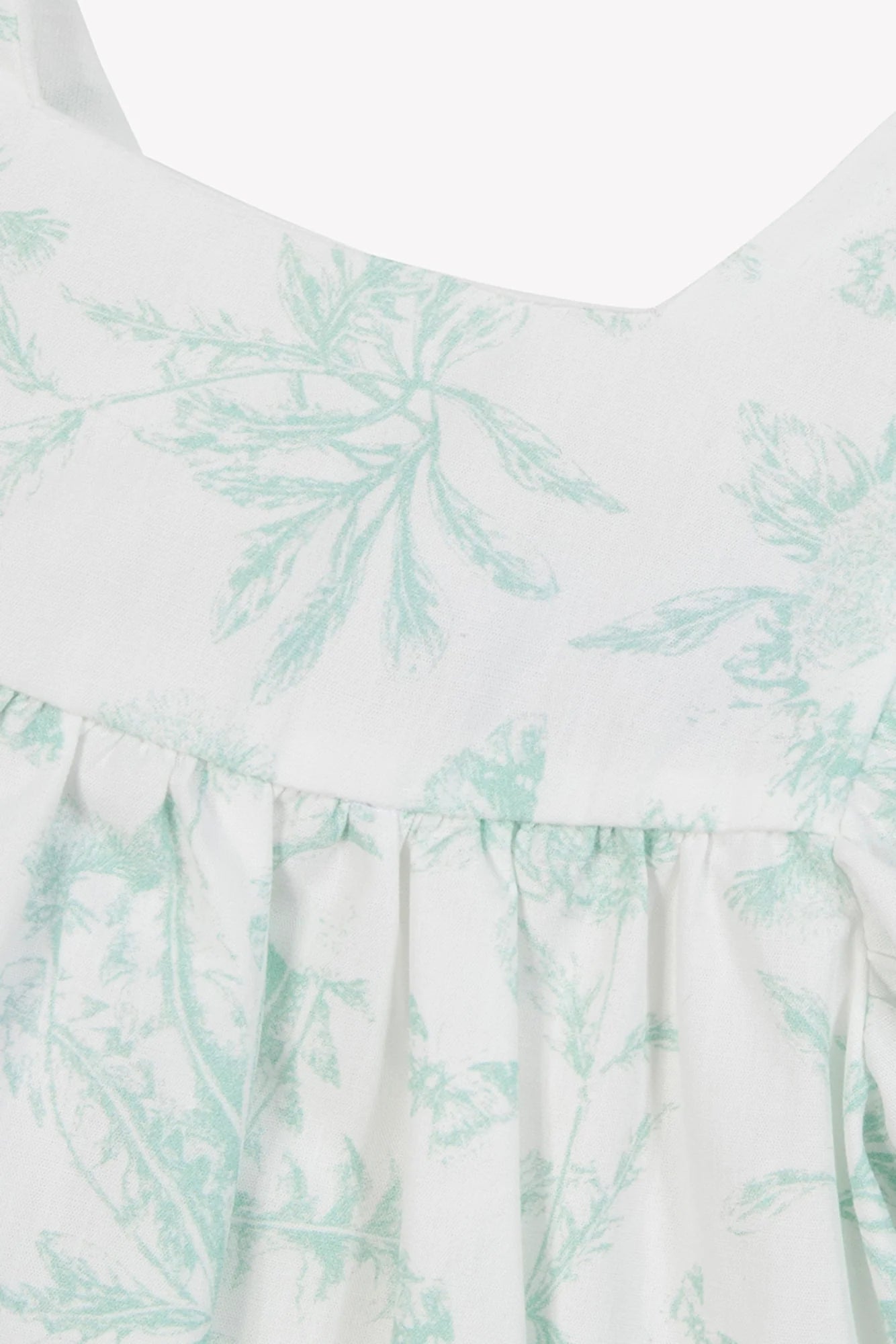 Close-up of Tartine et Chocolat Baby Girls' and Girls' Puff Sleeve Dress, showcasing white fabric with a light green botanical print and gathered stitching below the yoke.