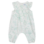 The Tartine et Chocolat Baby Girls' Sleeveless Jumpsuit features a white ruffled collar and light green botanical print, inspired by classic Toile de Jouy style.