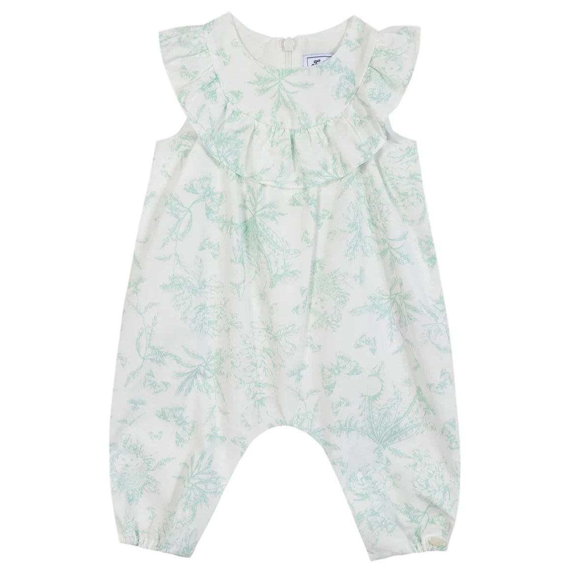 The Tartine et Chocolat Baby Girls' Sleeveless Jumpsuit features a white ruffled collar and light green botanical print, inspired by classic Toile de Jouy style.