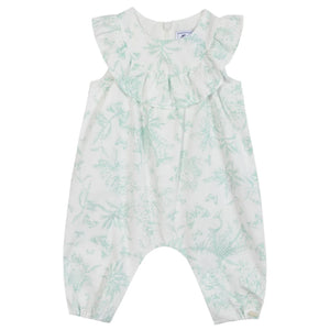 The Tartine et Chocolat Baby Girls' Sleeveless Jumpsuit features a white ruffled collar and light green botanical print, inspired by classic Toile de Jouy style.
