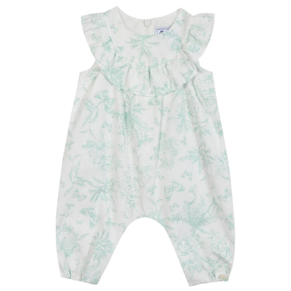 The Tartine et Chocolat Baby Girls' Sleeveless Jumpsuit features a white ruffled collar and light green botanical print, inspired by classic Toile de Jouy style.