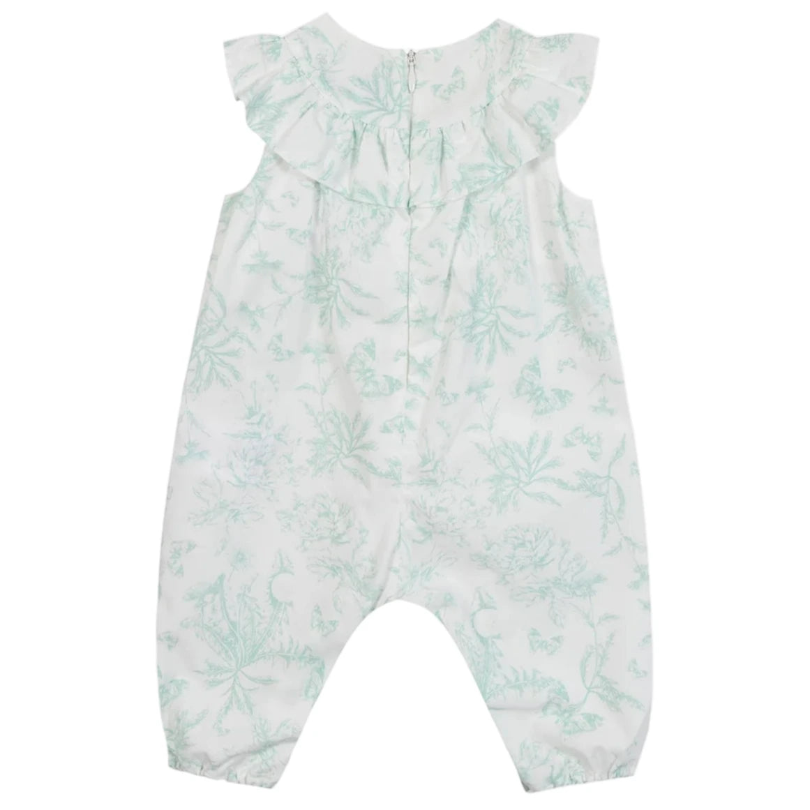Tartine et Chocolat Baby Girls' Sleeveless Jumpsuit with a white and light green botanical print, ruffled collar, and elasticized ankles is displayed flat against a plain background.