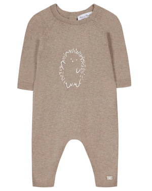 The Tartine et Chocolat Baby Boys' Hedgehog Long Sleeved Jumpsuit features light brown fabric, long sleeves, and a handmade moka mouliné grey embroidered hedgehog on the front.