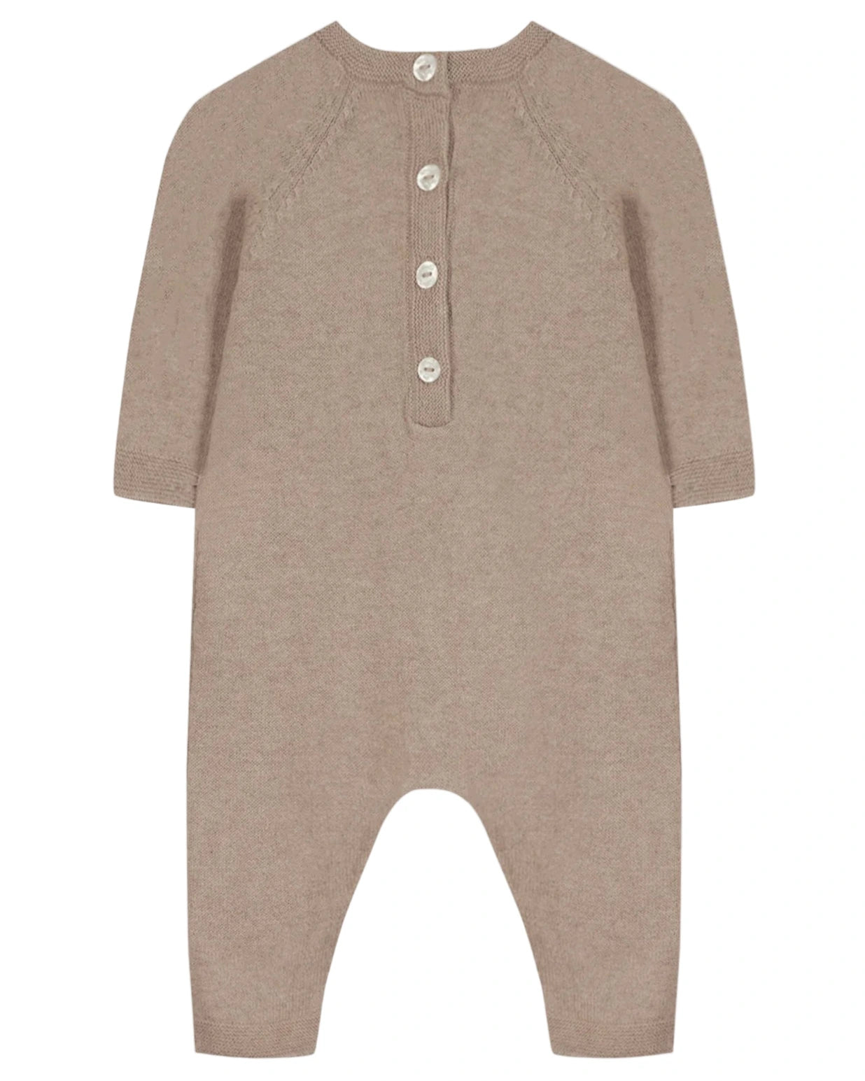 The Tartine et Chocolat Baby Boys' Embrodery Hedgehog Long Sleeved Jumpsuit features beige knit fabric, four front buttons, ribbed cuffs, and a handmade embroidered hedgehog—perfect for cozy newborn wear.