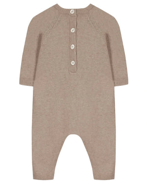 The Tartine et Chocolat Baby Boys' Embrodery Hedgehog Long Sleeved Jumpsuit features beige knit fabric, four front buttons, ribbed cuffs, and a handmade embroidered hedgehog—perfect for cozy newborn wear.
