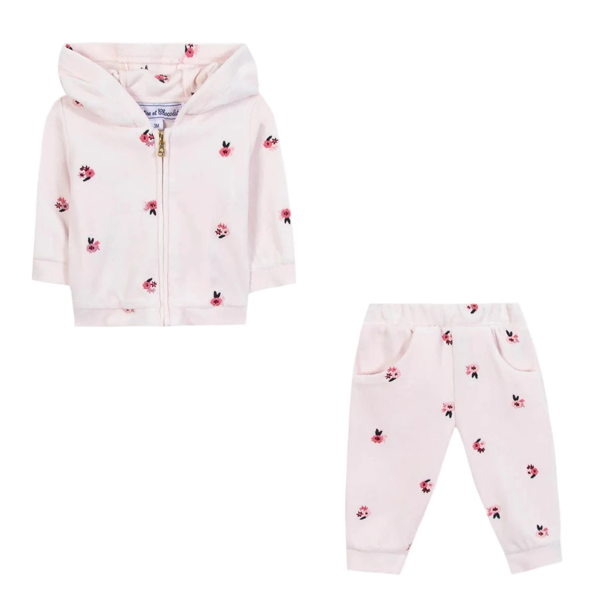 The Tartine et Chocolat Baby Girls' and Girls' Velvet Hooded Jogger Set features a pink zip-up hoodie and pants adorned with cartoon face prints and fun floral illustrations.