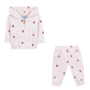 The Tartine et Chocolat Baby Girls' and Girls' Velvet Hooded Jogger Set features a pink zip-up hoodie and pants adorned with cartoon face prints and fun floral illustrations.