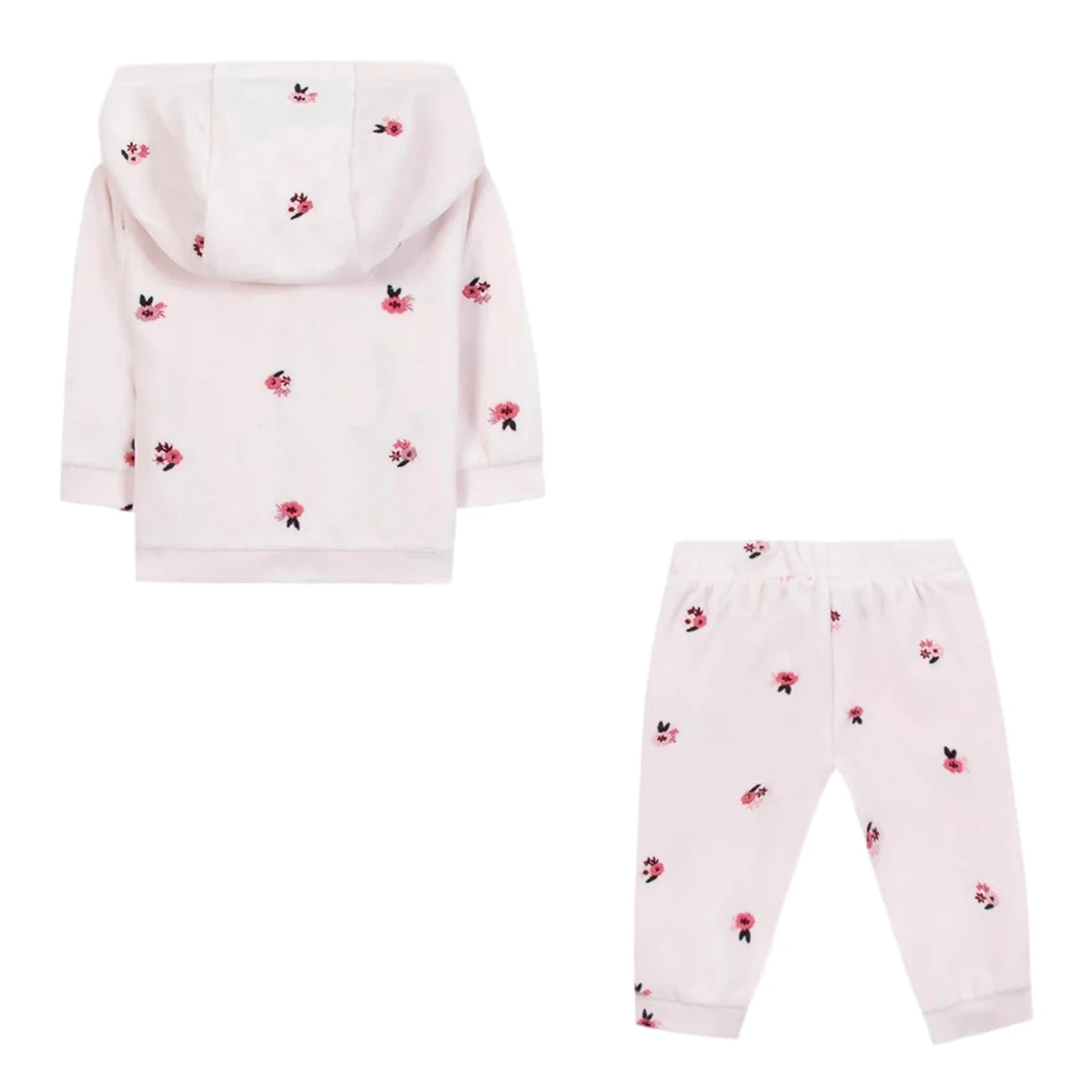 The Tartine et Chocolat Baby Girls' and Girls' Velvet Hooded Jogger Set in light pink features a hooded jacket and matching pants with delicate floral designs, shown flat to display the jacket’s back and the pants’ front.