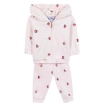 The Tartine et Chocolat Baby Girls' and Girls' Velvet Hooded Jogger Set features a light pink hoodie and pants with floral illustrations, a zip-up front, and cozy hood, perfect for toddlers.