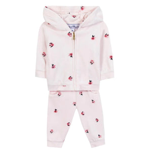 The Tartine et Chocolat Baby Girls' and Girls' Velvet Hooded Jogger Set features a light pink hoodie and pants with floral illustrations, a zip-up front, and cozy hood, perfect for toddlers.