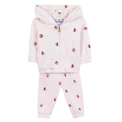 The Tartine et Chocolat Baby Girls' and Girls' Velvet Hooded Jogger Set features a light pink hoodie and pants with floral illustrations, a zip-up front, and cozy hood, perfect for toddlers.