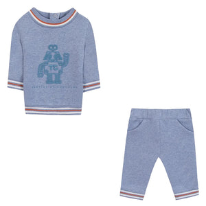 The Tartine et Chocolat Baby Boys' and Boys' Jogger Outfit features a blue long-sleeve shirt with a robot design and matching pants with striped trim—comfortable and perfect for boys.