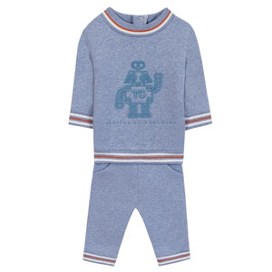 The Baby Boys' and Boys' Jogger Outfit by Tartine et Chocolat is a blue long-sleeve set with a robot and "TC" on the front, plus striped trim on the collar, cuffs, and pant legs.